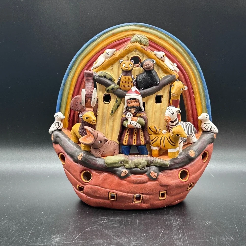 Noah's Ark Studio Pottery Clay Hand Painted  Tea‎ Light Votive Rainbow Animals